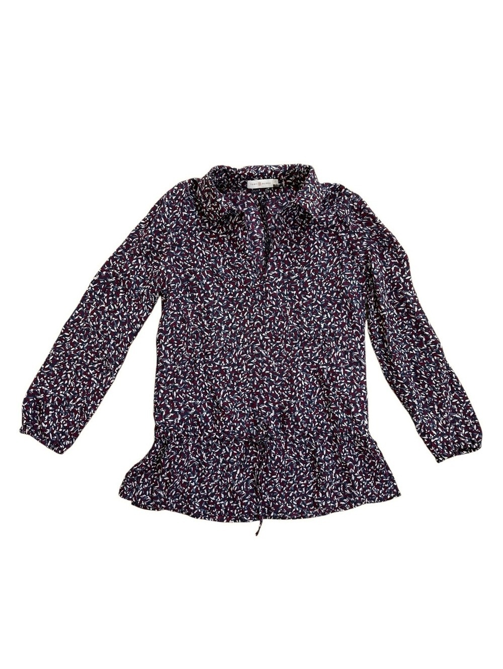 Tory Burch Agate Confetti Long Sleeve Drawstring Waist Silk Blend Blouse size 0